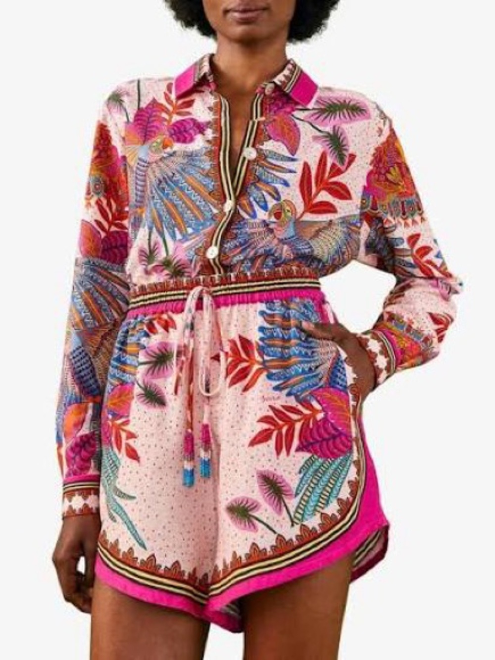 FARM RIO 🇧🇷 Pink Macaw Scarf Print Shorts | Linen Blend | Tropical Boho | L